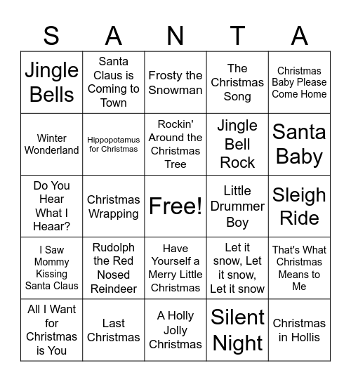 Holiday Music Bingo Card