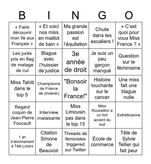 Miss France 2020 Bingo Card