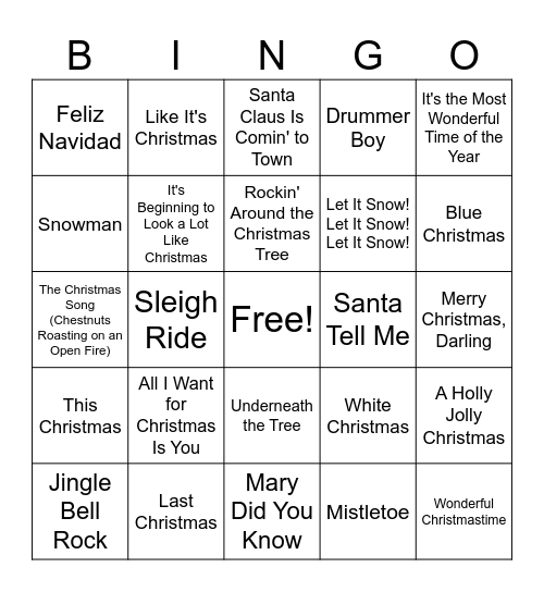 Christmas Song Bingo Card