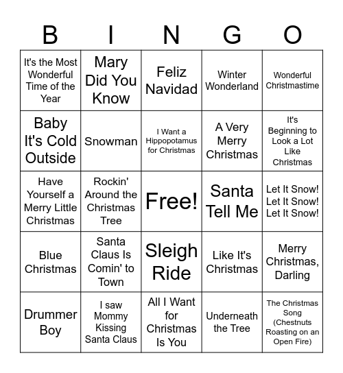 Christmas Song Bingo Card