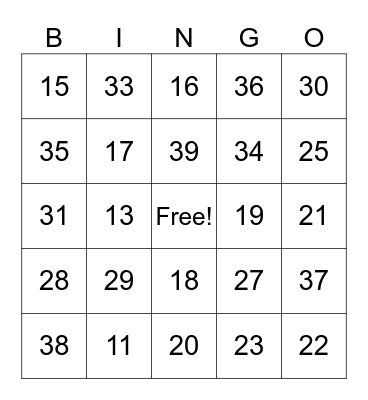 Numbers 11-40 Bingo Card