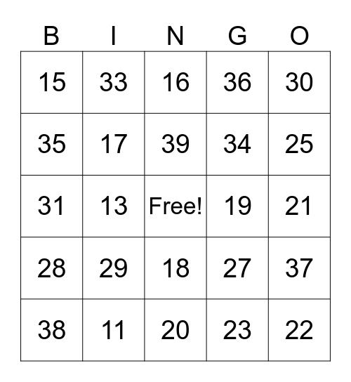 Numbers 11-40 Bingo Card