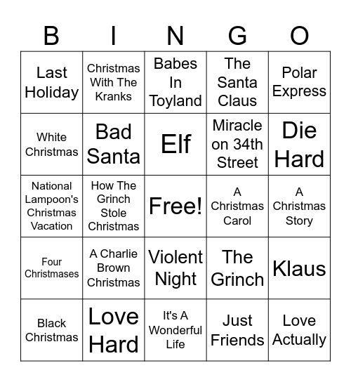 Holiday Movies Bingo Card