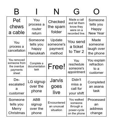 Customer service Bingo Card