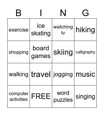Leisure Time Bingo Card