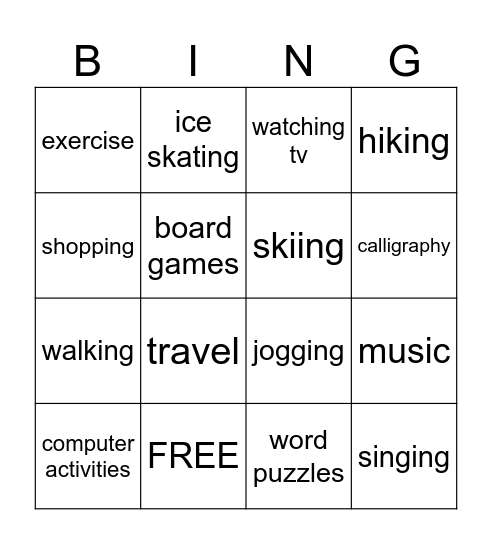 Leisure Time Bingo Card