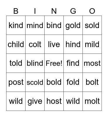 Closed Syllable Exception Bingo Card
