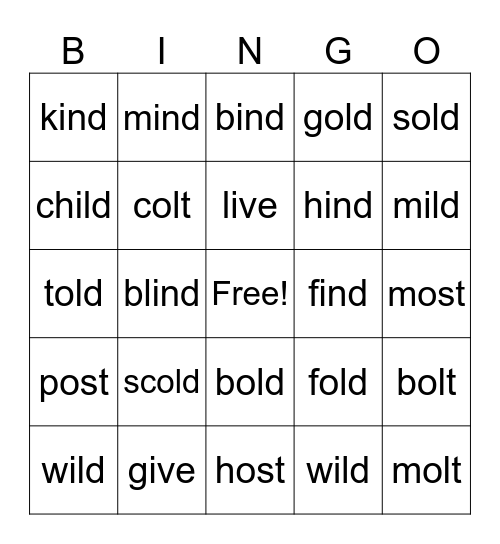 Closed Syllable Exception Bingo Card