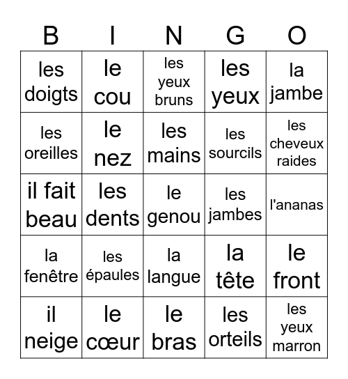 French Body Parts Bingo Card