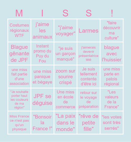 Miss France 2024 Bingo Card