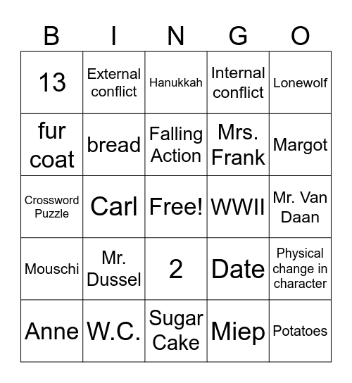 The Diary of Anne Frank Bingo Card