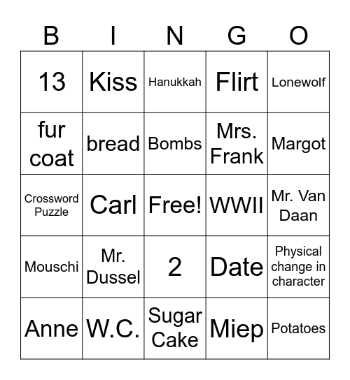 The Diary of Anne Frank Bingo Card