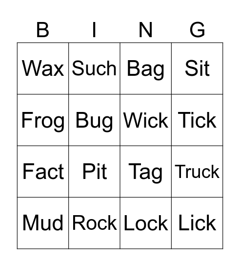 Closed syllable words Bingo Card