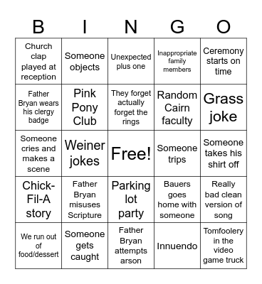 Weiner Wedding Bingo Card
