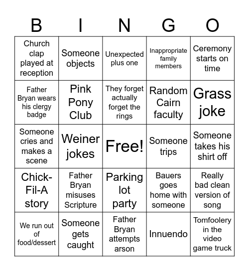 Weiner Wedding Bingo Card