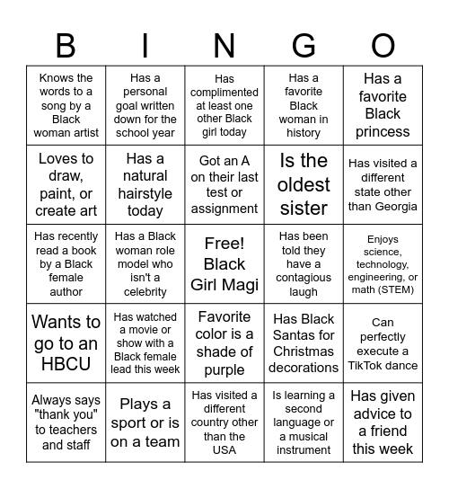 Black Girl Magic Bingo Card