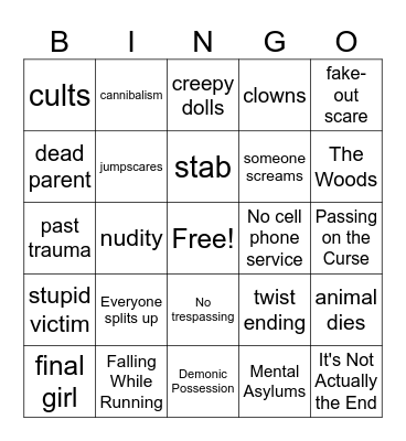 horror movie bingo :3 Bingo Card