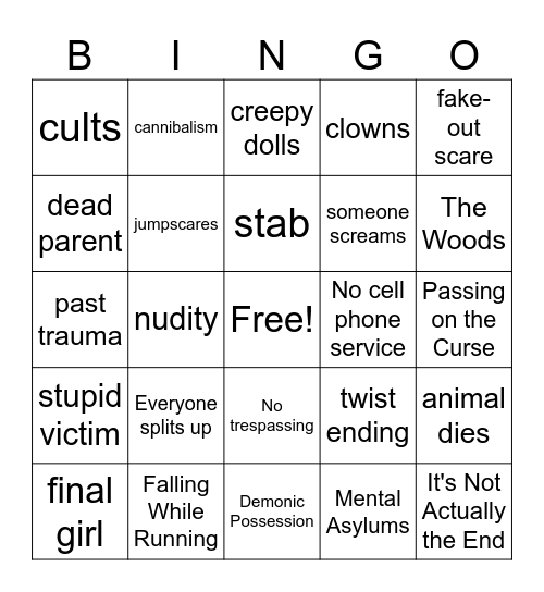 horror movie bingo :3 Bingo Card