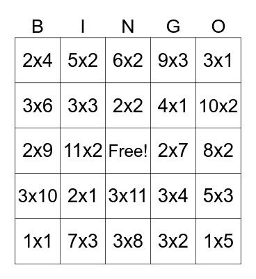 Multiplication Bingo Card