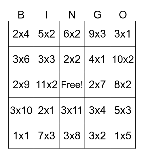 Multiplication Bingo Card