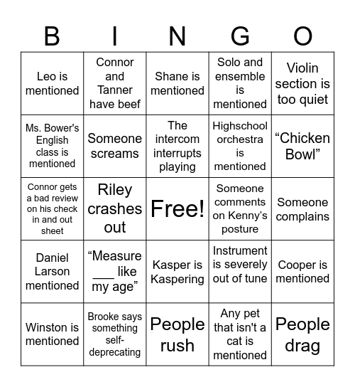 Orchestra Bingo Card