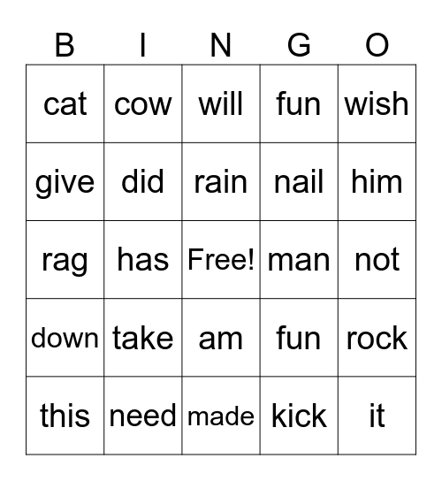 Rhyming Keywords Bingo Card