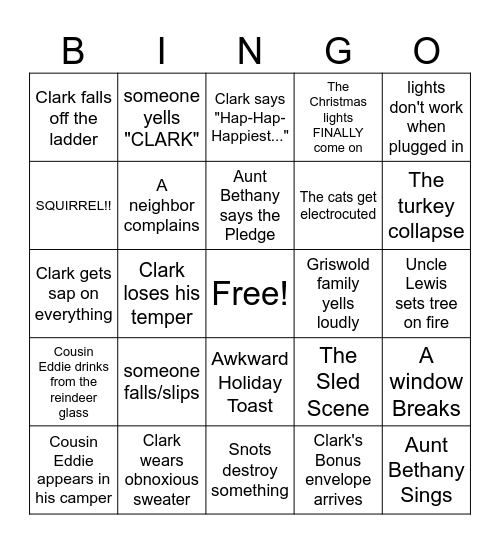 National Lampoons Christmas Vacation Bingo Card