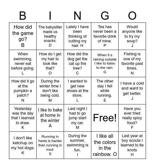 Reading Fluency Bingo Card