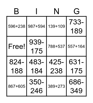 3 Digit Addition and Subtraction Bingo Card