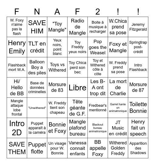 FNAF 2 Movie Bingo Card