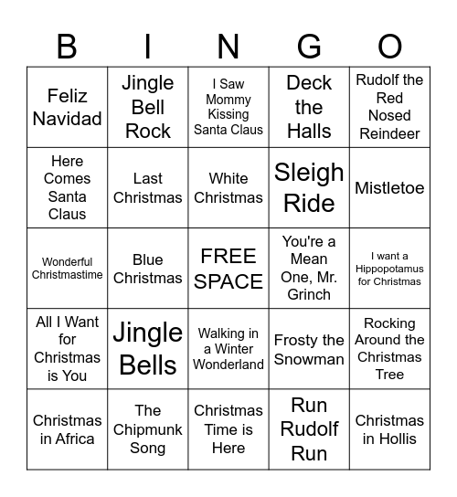 Holiday Music BINGO Card