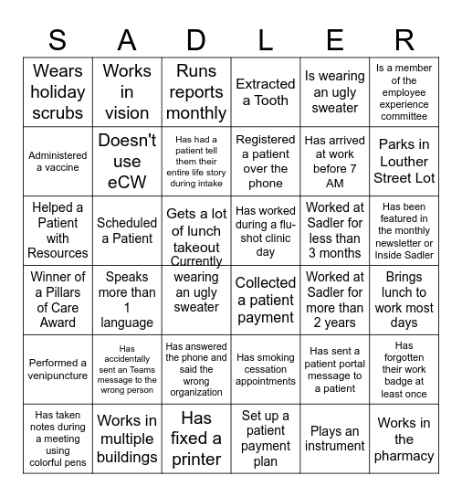 Sadler Bingo Card