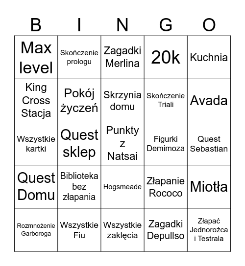 Dziedzictwo Hogwartu Bingo Card