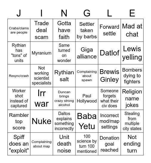 Jingle Jam 2025 Civ Bingo Card