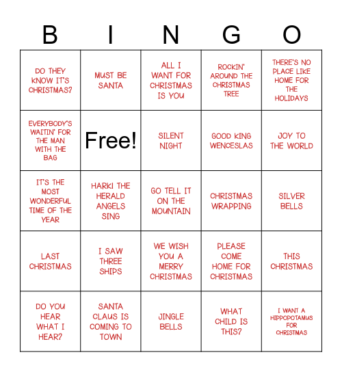 CHRISTMAS CAROLS AND SONGS Bingo Card