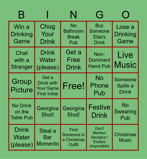 12 Pubs of Christmas Bingo Card