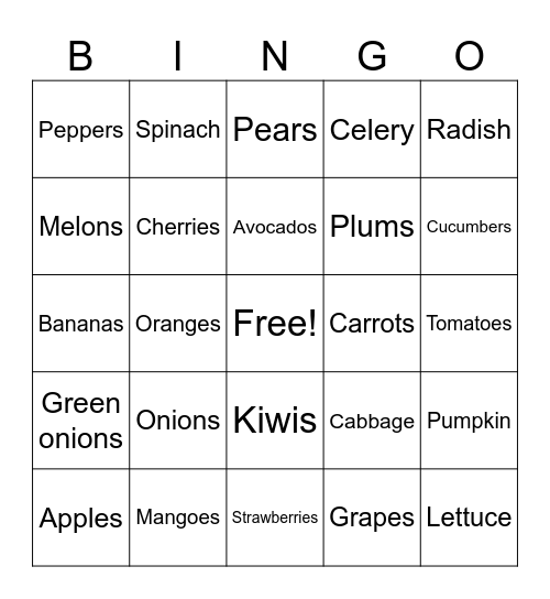 FOOD BINGO Card