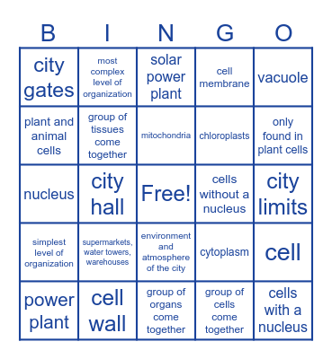 Cells, Cell City, and Levels of Organization Bingo Card