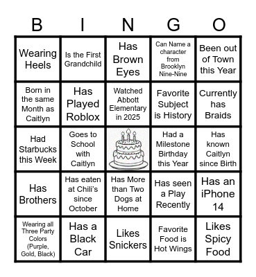 Caitlyn's Masquerade BINGO Card