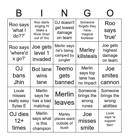 League Bingo Card
