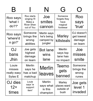 League Bingo Card