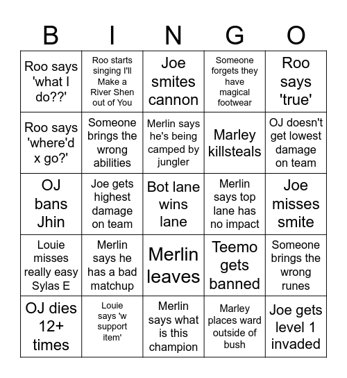 League Bingo Card