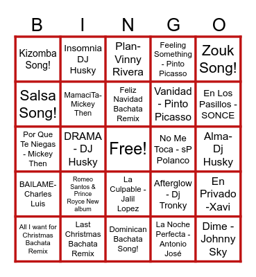 Bachata Unida Christmas Music Bingo Card