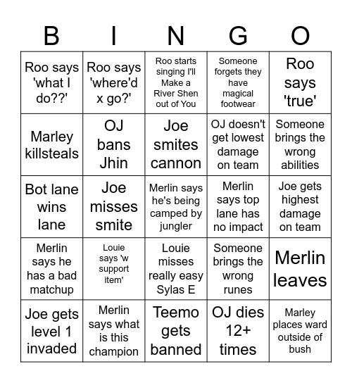 League Bingo Card