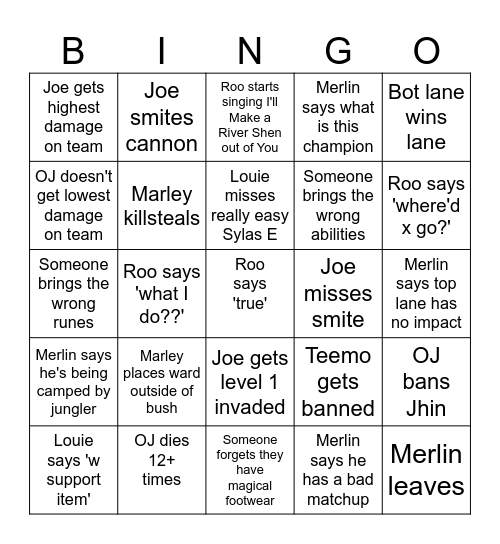 League Bingo Card
