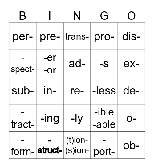 morphology bingo 1-10 Bingo Card