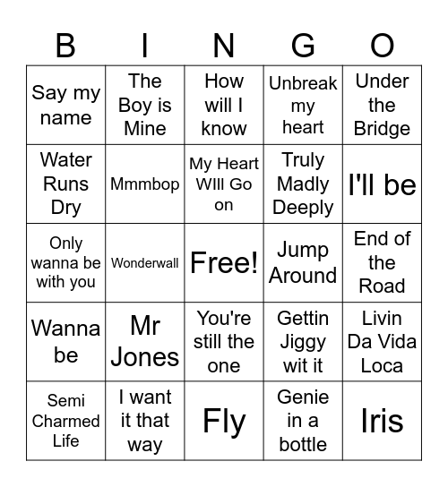 90s Music Bingo Card