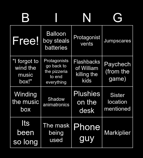 Fnaf 2 movie Bingo Card