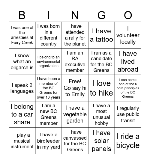 BC Greens Bingo Card