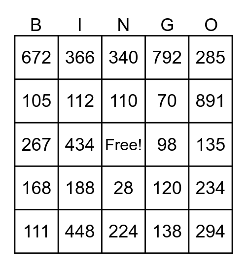 Multiplication Word Problem Bingo Card